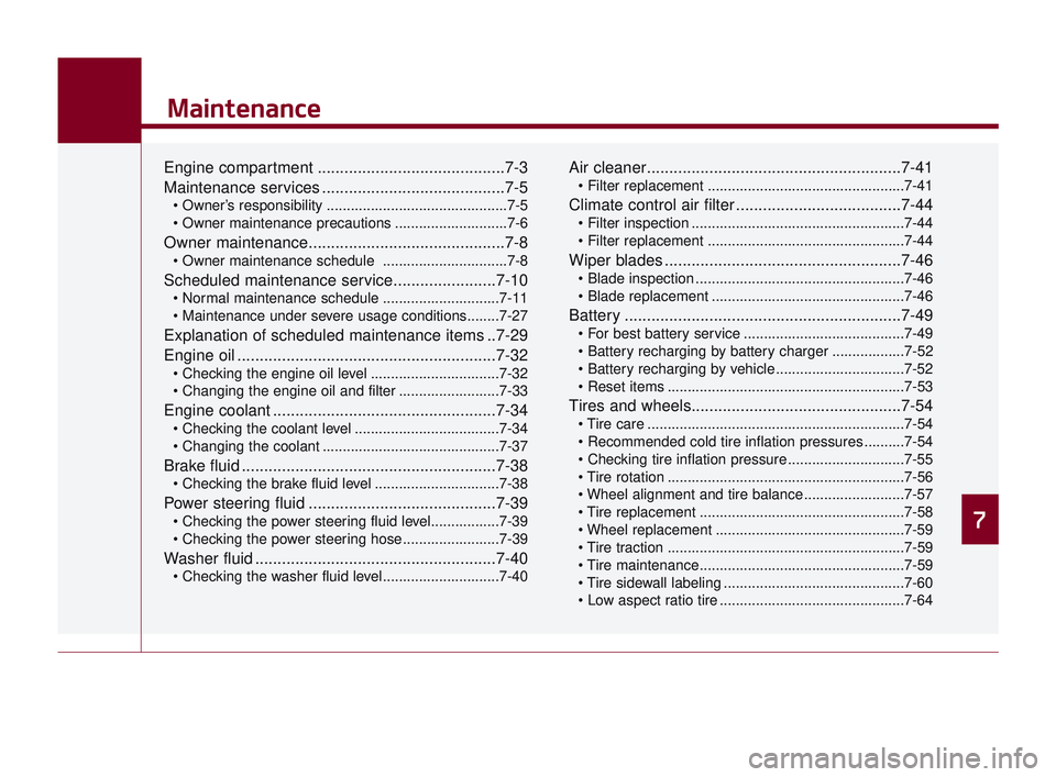 KIA K900 2017 User Guide 7
Maintenance
Engine compartment ..........................................7-3
Maintenance services .........................................7-5
 .............................................7-5
 ....