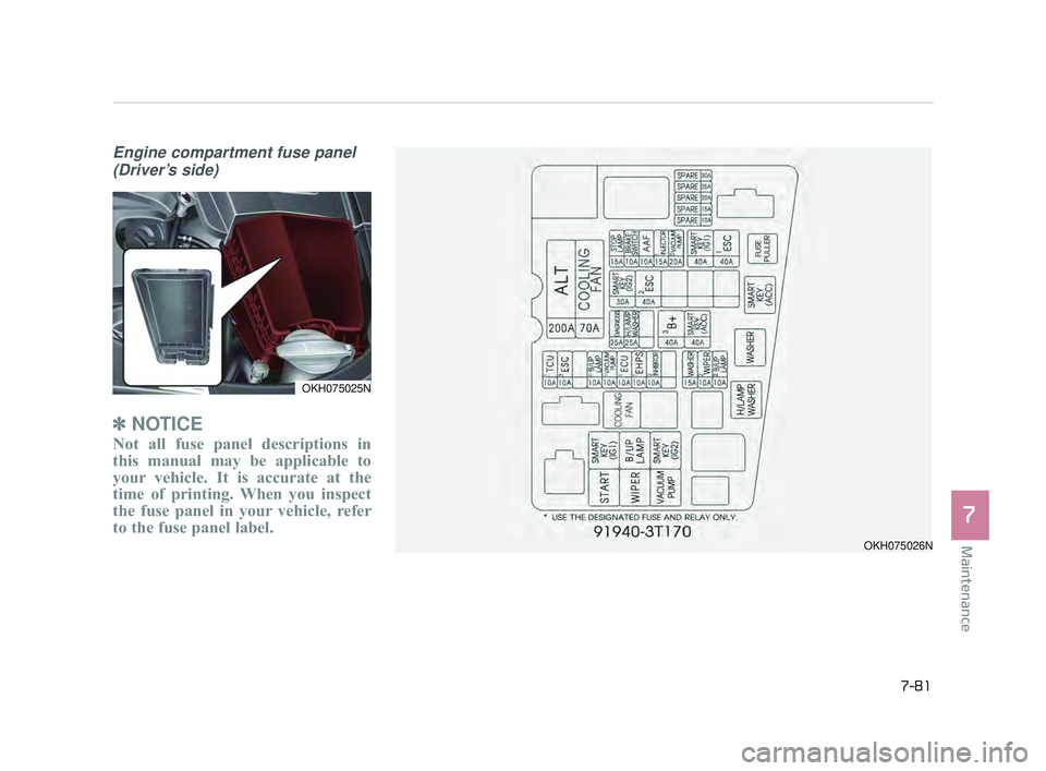 KIA K900 2017  Owners Manual Maintenance
7
7-81
Engine compartment fuse panel(Driver’s side)
✽ NOTICE
Not all fuse panel descriptions in
this manual may be applicable to
your vehicle. It is accurate at the
time of printing. W