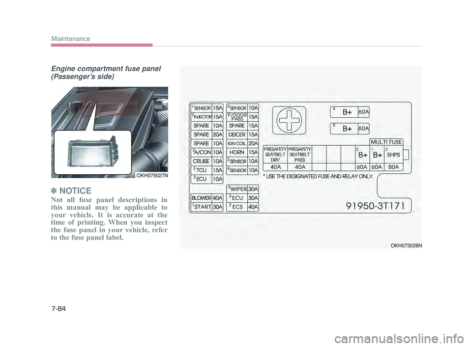 KIA K900 2017  Owners Manual 7-84
Maintenance
Engine compartment fuse panel(Passenger’s side)
✽ NOTICE
Not all fuse panel descriptions in
this manual may be applicable to
your vehicle. It is accurate at the
time of printing. 