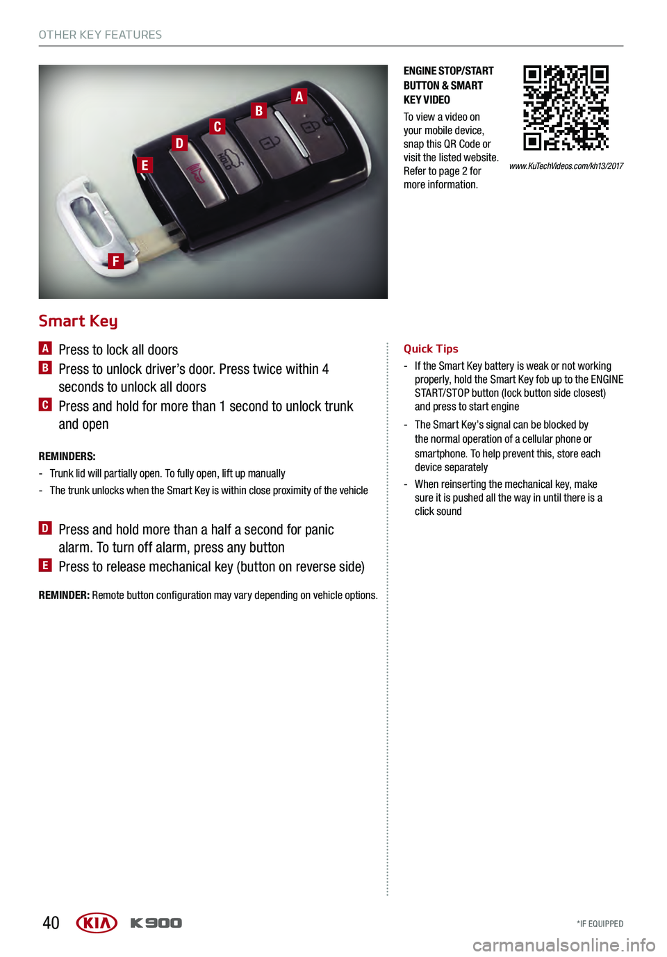 KIA K900 2017 Features and Functions Guide 40
Smart Key
A Press to lock all doors
B Press to unlock driver’s door. Press twice within 4
seconds to unlock all doors
C Press and hold for more than 1 second to unlock trunk
and open
REMI KIA K900 2017 Features and Functions Guide 40
Smart Key
A Press to lock all doors
B Press to unlock driver’s door. Press twice within 4
seconds to unlock all doors
C Press and hold for more than 1 second to unlock trunk
and open
REMI