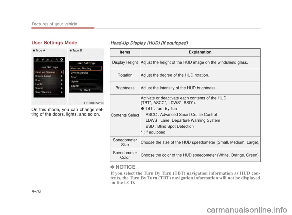 KIA K900 2016 Owners Manual Features of your vehicle
4-78
User Settings Mode
On this mode, you can change set-
ting of the doors, lights, and so on.
ItemsExplanation
Display HeightAdjust the height of the HUD image on the windsh KIA K900 2016 Owners Manual Features of your vehicle
4-78
User Settings Mode
On this mode, you can change set-
ting of the doors, lights, and so on.
ItemsExplanation
Display HeightAdjust the height of the HUD image on the windsh