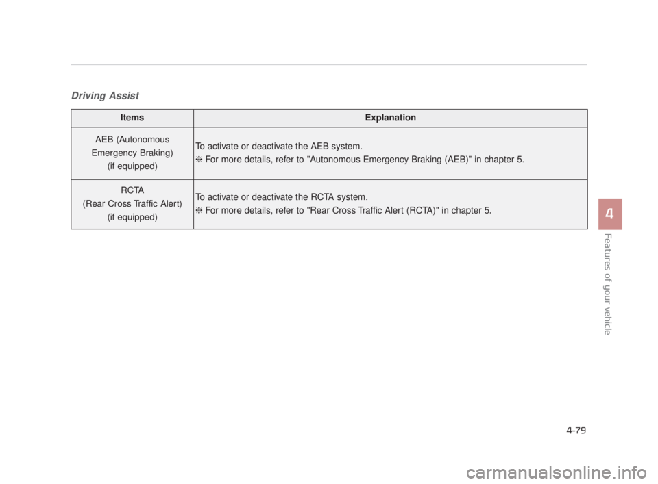 KIA K900 2016 Owners Manual Features of your vehicle
4
4-79
Driving Assist
ItemsExplanation
AEB (Autonomous
Emergency Braking) (if equipped)To activate or deactivate the AEB system.
❈ For more details, refer to "Autonomous Eme KIA K900 2016 Owners Manual Features of your vehicle
4
4-79
Driving Assist
ItemsExplanation
AEB (Autonomous
Emergency Braking) (if equipped)To activate or deactivate the AEB system.
❈ For more details, refer to "Autonomous Eme
