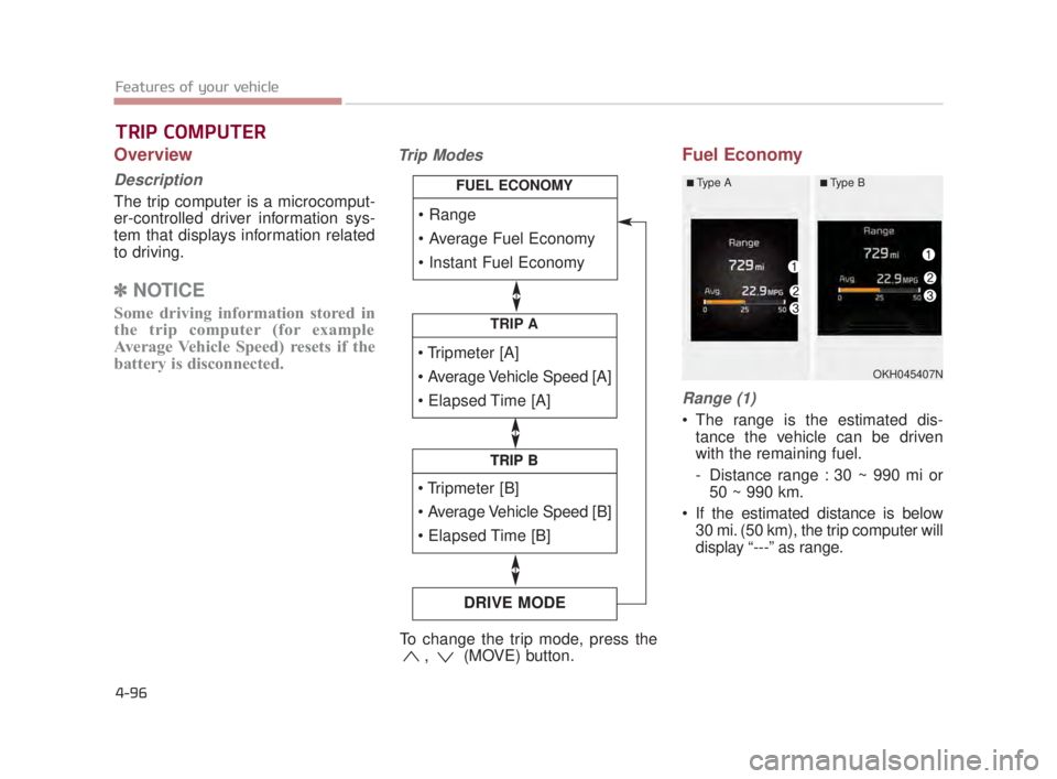KIA K900 2016 Owners Manual Features of your vehicle
4-96
Overview
Description
The trip computer is a microcomput-
er-controlled driver information sys-
tem that displays information related
to driving.
✽NOTICE
Some driving in KIA K900 2016 Owners Manual Features of your vehicle
4-96
Overview
Description
The trip computer is a microcomput-
er-controlled driver information sys-
tem that displays information related
to driving.
✽NOTICE
Some driving in