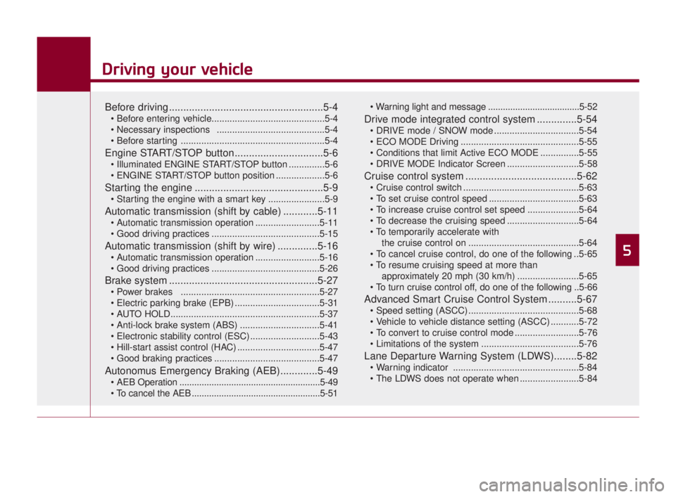 KIA K900 2016  Owners Manual Driving your vehicle
5
Driving your vehicle
5
Driving your vehicle
Before driving......................................................5-4

 ..........................................5-4
 ............