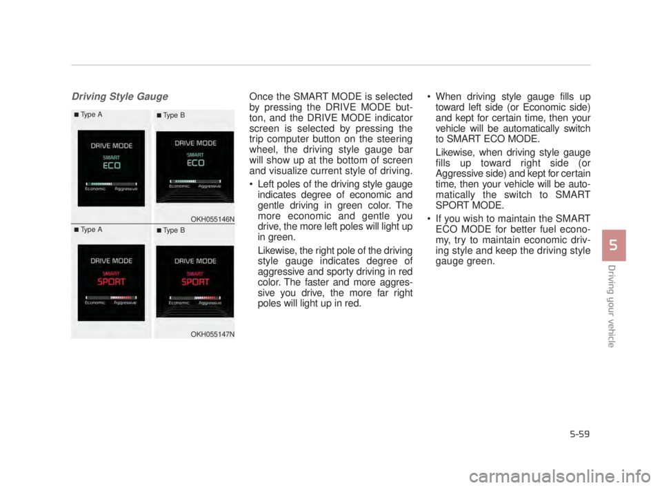 KIA K900 2016  Owners Manual Driving your vehicle
5
5-59
Driving Style GaugeOnce the SMART MODE is selected
by pressing the DRIVE MODE but-
ton, and the DRIVE MODE indicator
screen is selected by pressing the
trip computer button