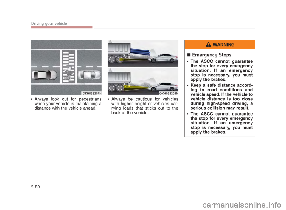 KIA K900 2016  Owners Manual 5-80
Driving your vehicle
 Always look out for pedestrianswhen your vehicle is maintaining a
distance with the vehicle ahead.   Always be cautious for vehicles
with higher height or vehicles car-
ryin