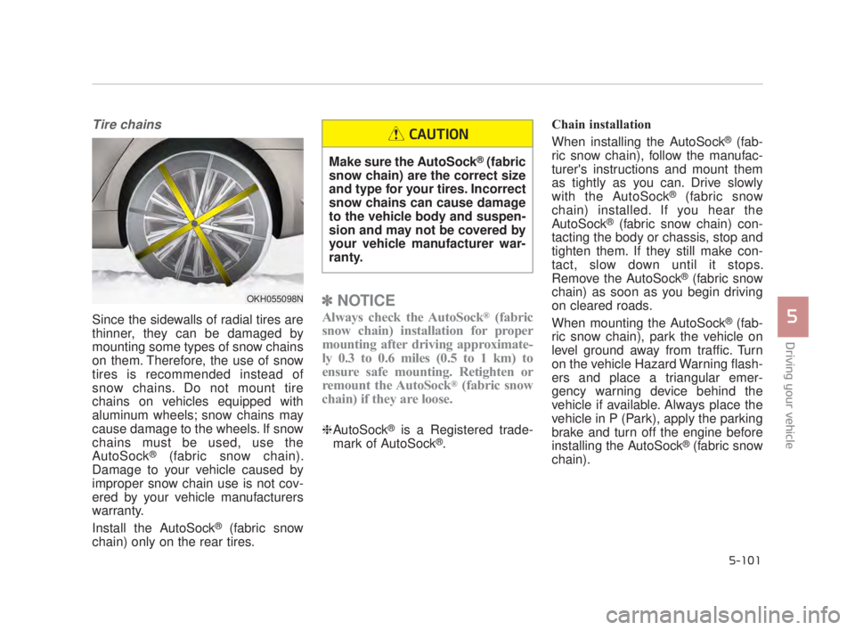 KIA K900 2016  Owners Manual Driving your vehicle
5
5-101
Tire chains 
Since the sidewalls of radial tires are
thinner, they can be damaged by
mounting some types of snow chains
on them. Therefore, the use of snow
tires is recomm