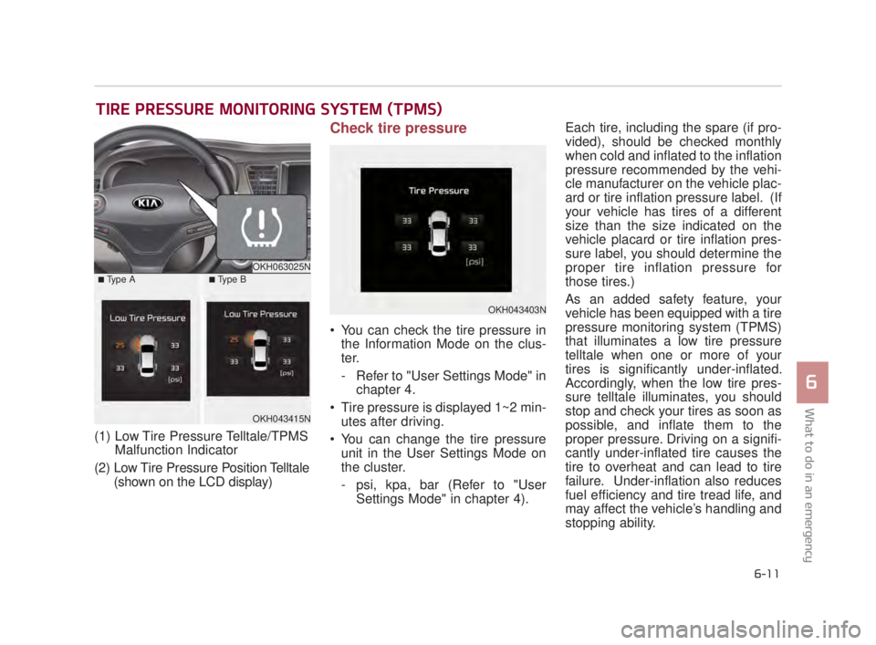 KIA K900 2016  Owners Manual What to do in an emergency
6
6-11
TIRE PRESSURE MONITORING SYSTEM (TPMS)
(1) Low Tire Pressure Telltale/TPMSMalfunction Indicator
(2) Low Tire Pressure Position Telltale (shown on the LCD display)
Che