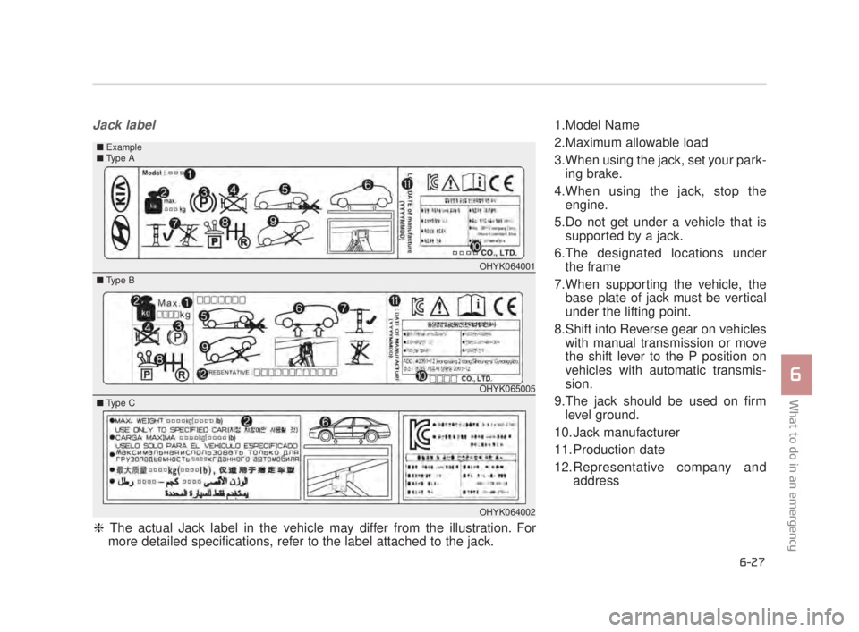 KIA K900 2016  Owners Manual What to do in an emergency
6
6-27
Jack label1.Model Name
2.Maximum allowable load
3.When using the jack, set your park-ing brake.
4.When using the jack, stop the engine.
5.Do not get under a vehicle t