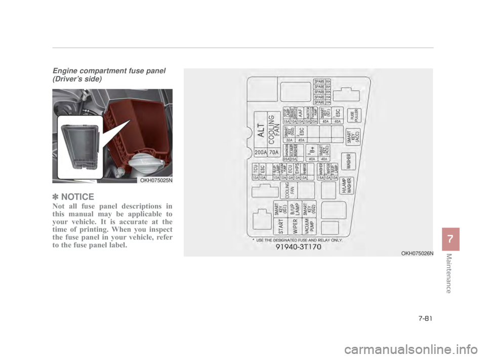 KIA K900 2016  Owners Manual Maintenance
7
7-81
Engine compartment fuse panel(Driver’s side)
✽ NOTICE
Not all fuse panel descriptions in
this manual may be applicable to
your vehicle. It is accurate at the
time of printing. W