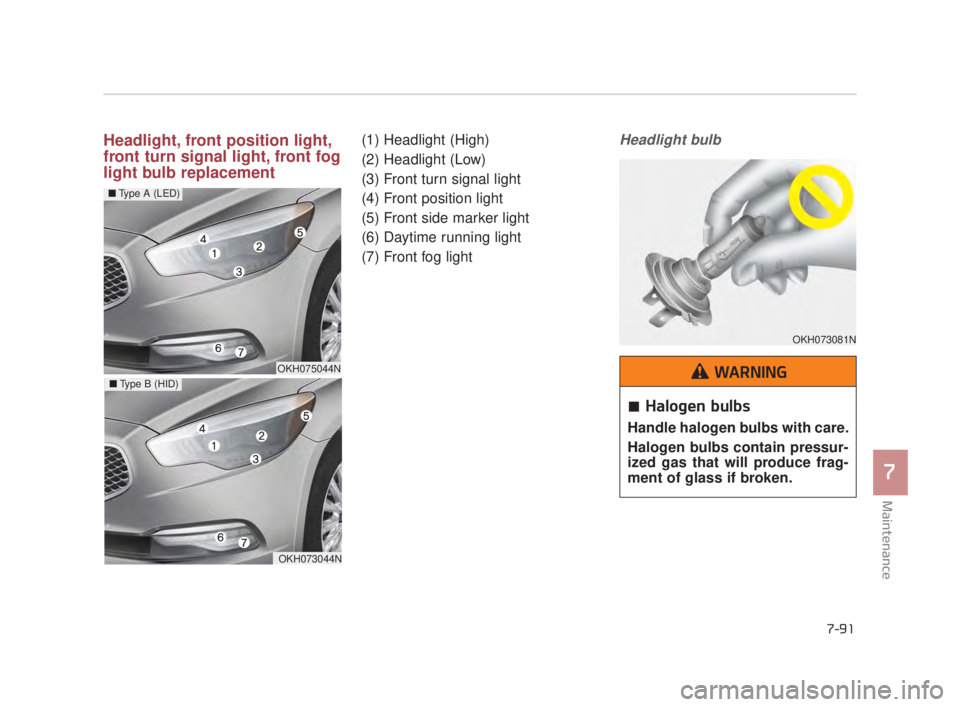KIA K900 2016  Owners Manual Maintenance
7
7-91
Headlight, front position light,
front turn signal light, front fog
light bulb replacement(1) Headlight (High)
(2) Headlight (Low)
(3) Front turn signal light
(4) Front position lig