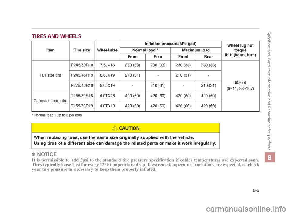 KIA K900 2016 Owners Manual Specifications, Consumer information and Reporting safety defects
8
8-5
TIRES AND WHEELS
✽NOTICE
It is permissible to add 3psi to the standard tire pressure specification if colder temperatures are KIA K900 2016 Owners Manual Specifications, Consumer information and Reporting safety defects
8
8-5
TIRES AND WHEELS
✽NOTICE
It is permissible to add 3psi to the standard tire pressure specification if colder temperatures are