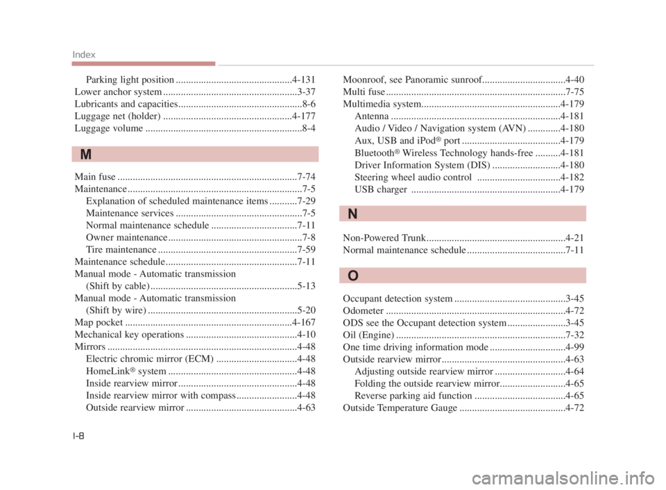 KIA K900 2016  Owners Manual I-8
Index
Parking light position ..............................................4-131
Lower anchor system .....................................................3-37
Lubricants and capacities............