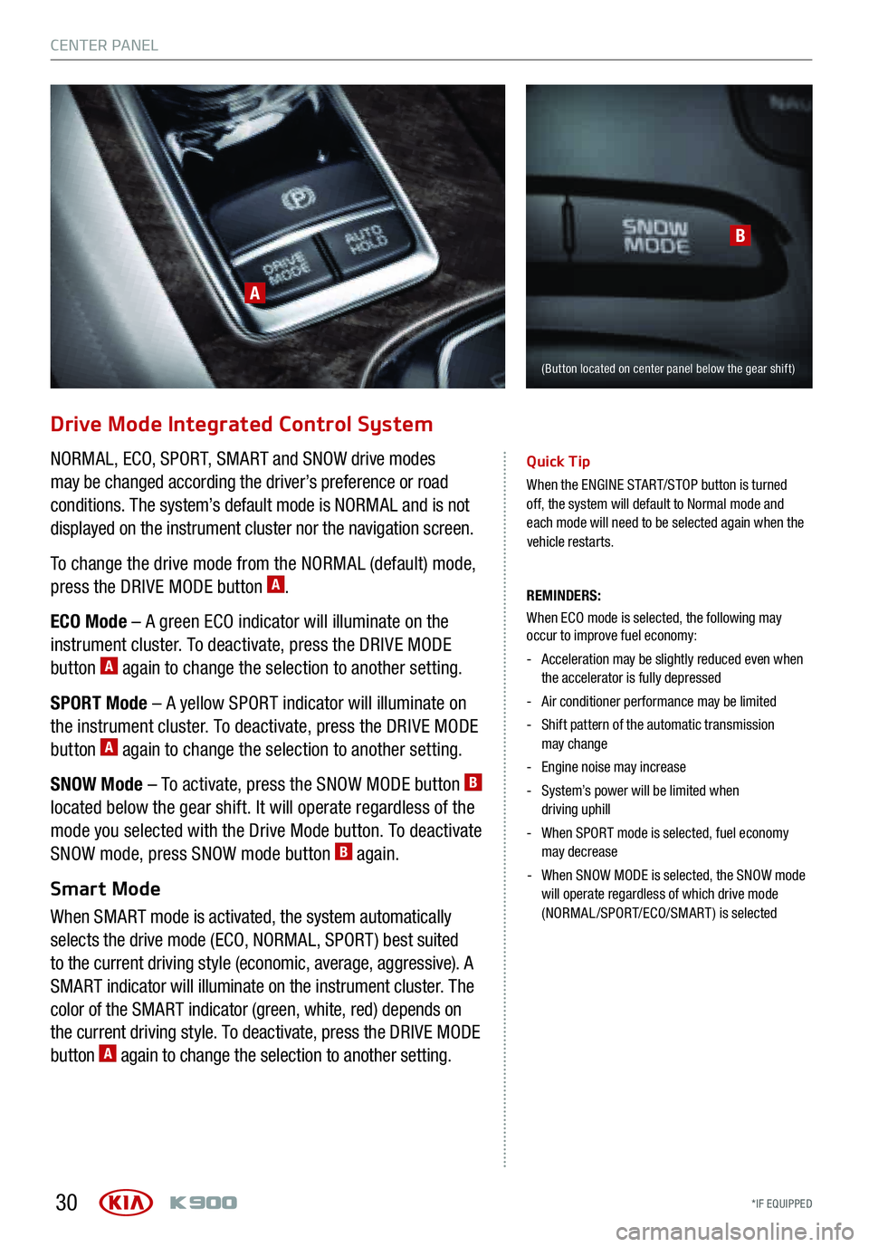 KIA K900 2016  Features and Functions Guide CENTER PA NEL
*IF EQUIPPED  30
Drive Mode Integrated  Control Syste\f
NORMAL, ECO, SPORT,  SMART  and SNOW  drive modes  
may  be changed  according  the driver’s  preference  or road  
conditions. 