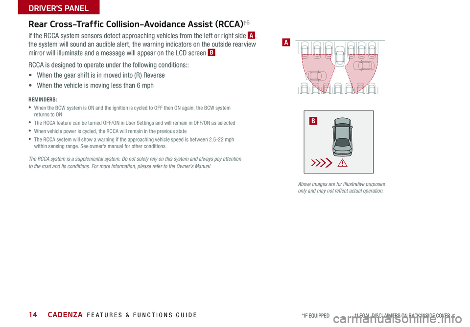 KIA CADENZA 2020  Features and Functions Guide CADENZA  FEATURES & FUNCTIONS GUIDE14*IF EQUIPPED                     †LEGAL DISCL AIMERS ON BACK INSIDE COVER
A
Rear Cross-Traffic Collision-Avoidance Assist (RCCA)†6 
If the RCCA system sensors 