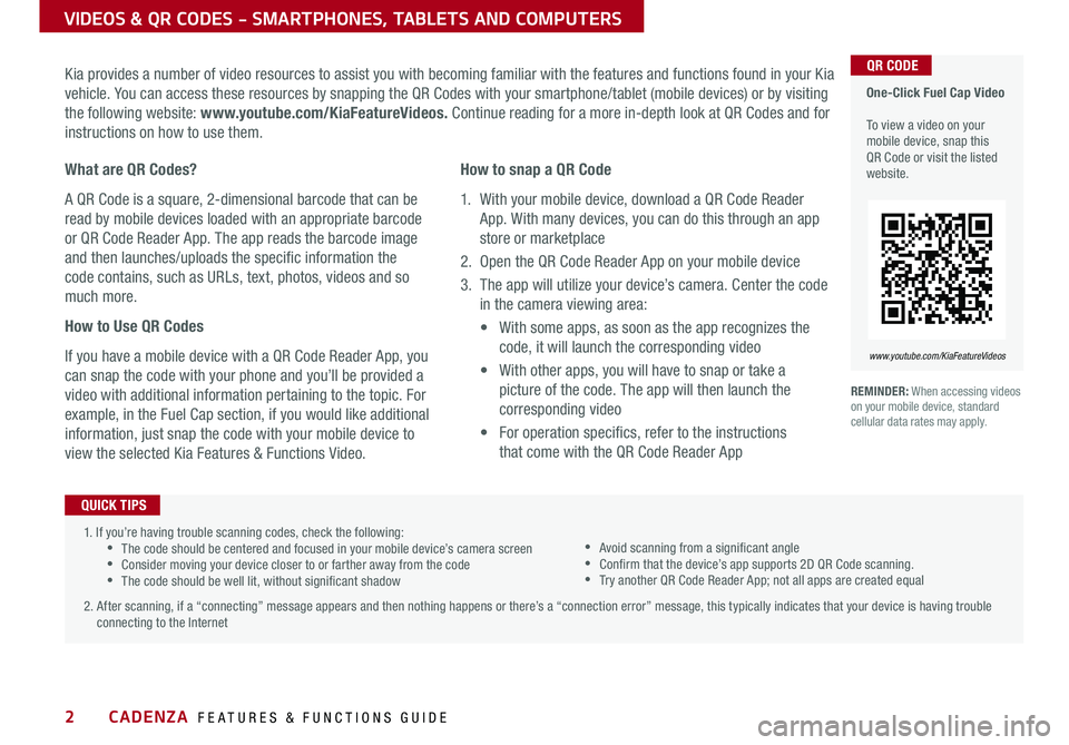 KIA CADENZA 2020  Features and Functions Guide 2
VIDEOS & QR CODES - SMARTPHONES, TABLETS AND COMPUTERS
  One-Click Fuel Cap Video   To view a video on your mobile device, snap this QR Code or visit the listed website 
www.youtube.com/KiaFeatureVi