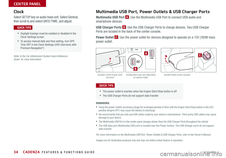 KIA CADENZA 2020  Features and Functions Guide CADENZA  FEATURES & FUNCTIONS GUIDE34*IF EQUIPPED
(located in front of gear shift; lift cover)(located inside center console)Configuration may vary depending on vehicle model
Multimedia USB Port, Powe