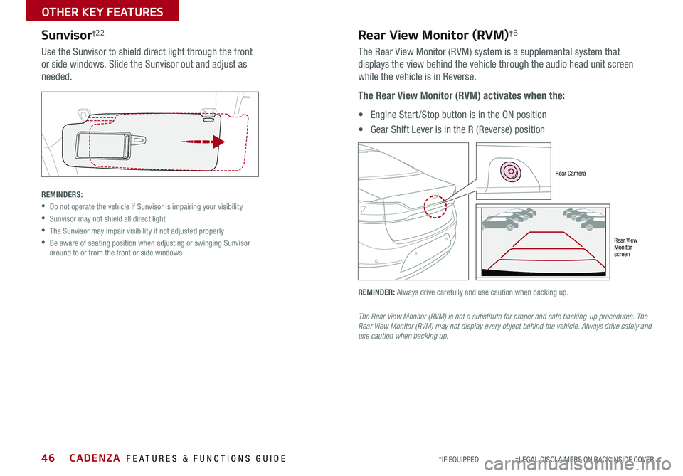 KIA CADENZA 2020  Features and Functions Guide CADENZA  FEATURES & FUNCTIONS GUIDE46*IF EQUIPPED                     †LEGAL DISCL AIMERS ON BACK INSIDE COVER
Sunvisor†2 2
Use the Sunvisor to shield direct light through the front 
or side windo