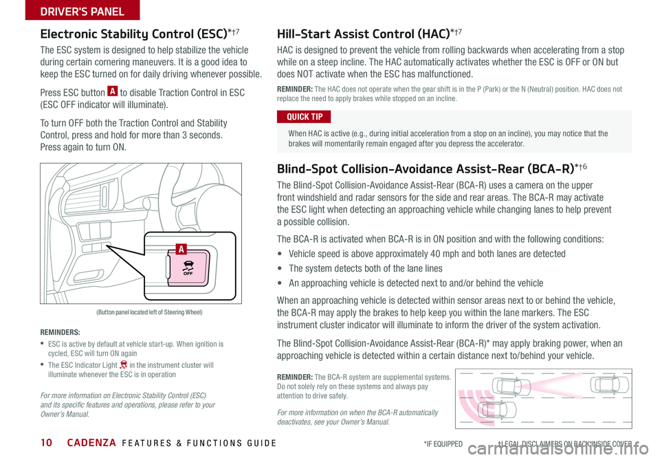 KIA CADENZA 2019 Features and Functions Guide CADENZA FEATURES & FUNCTIONS GUIDE10*IF EQUIPPED †LEGAL DISCL AIMERS ON BACK INSIDE COVER
(Button panel located left of Steering Wheel)
A
Electronic Stability Control (ESC)*†7 KIA CADENZA 2019 Features and Functions Guide CADENZA FEATURES & FUNCTIONS GUIDE10*IF EQUIPPED †LEGAL DISCL AIMERS ON BACK INSIDE COVER
(Button panel located left of Steering Wheel)
A
Electronic Stability Control (ESC)*†7