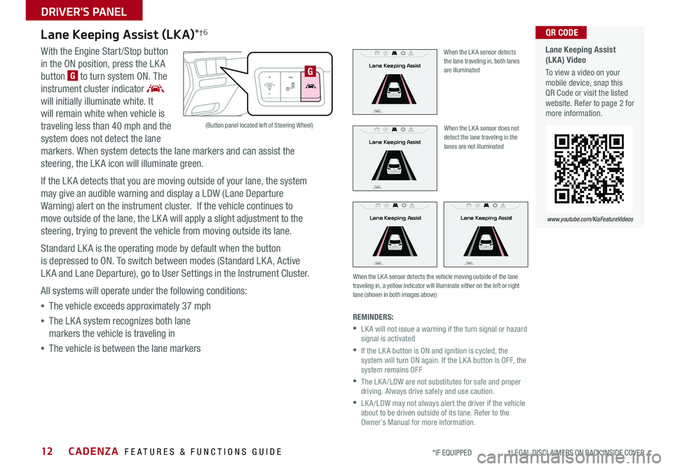 KIA CADENZA 2019 Features and Functions Guide CADENZA FEATURES & FUNCTIONS GUIDE12*IF EQUIPPED †LEGAL DISCL AIMERS ON BACK INSIDE COVER
Lane Keeping Assist (LKA)*†6
With the Engine Start /Stop button
in the ON position, KIA CADENZA 2019 Features and Functions Guide CADENZA FEATURES & FUNCTIONS GUIDE12*IF EQUIPPED †LEGAL DISCL AIMERS ON BACK INSIDE COVER
Lane Keeping Assist (LKA)*†6
With the Engine Start /Stop button
in the ON position,