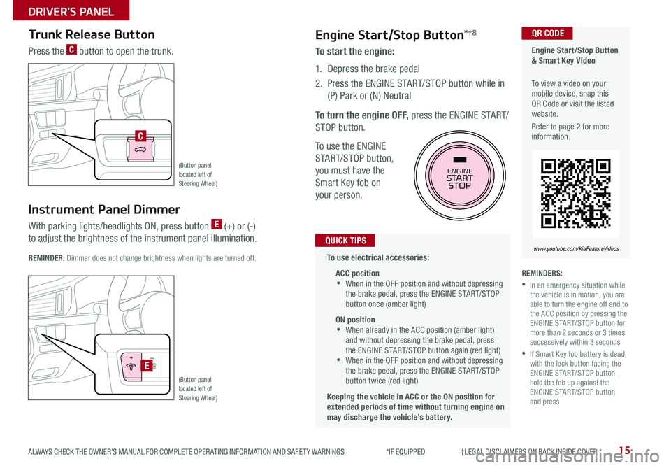 KIA CADENZA 2019 Features and Functions Guide 15ALWAYS CHECK THE OWNER’S MANUAL FOR COMPLETE OPER ATING INFORMATION AND SAFET Y WARNINGS *IF EQUIPPED †LEGAL DISCL AIMERS ON BACK INSIDE COVER
Engine Start/Stop Button & S KIA CADENZA 2019 Features and Functions Guide 15ALWAYS CHECK THE OWNER’S MANUAL FOR COMPLETE OPER ATING INFORMATION AND SAFET Y WARNINGS *IF EQUIPPED †LEGAL DISCL AIMERS ON BACK INSIDE COVER
Engine Start/Stop Button & S