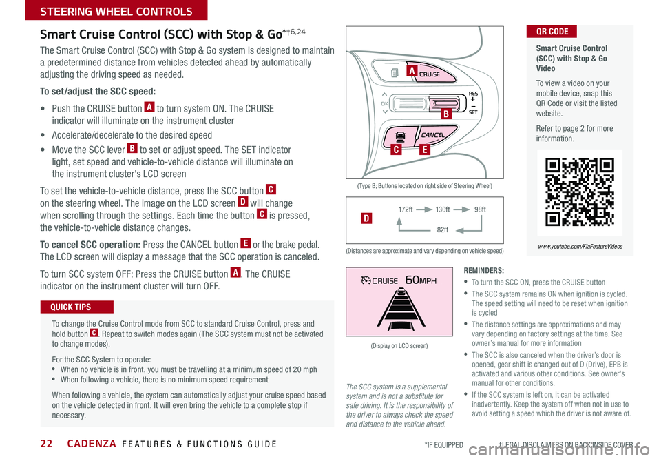 KIA CADENZA 2019 Features and Functions Guide CADENZA FEATURES & FUNCTIONS GUIDE22*IF EQUIPPED †LEGAL DISCL AIMERS ON BACK INSIDE COVER
MODE CRUISE
CANCEL
RES
OK
SET
CRUISE60MPH
( Type B; Buttons located on right side of KIA CADENZA 2019 Features and Functions Guide CADENZA FEATURES & FUNCTIONS GUIDE22*IF EQUIPPED †LEGAL DISCL AIMERS ON BACK INSIDE COVER
MODE CRUISE
CANCEL
RES
OK
SET
CRUISE60MPH
( Type B; Buttons located on right side of