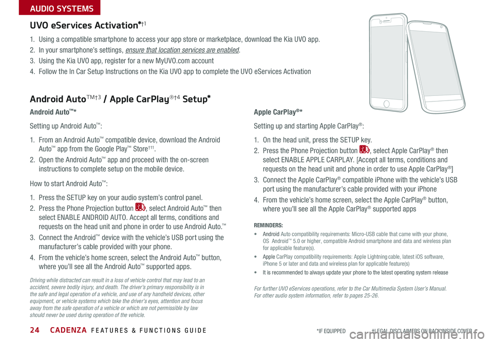KIA CADENZA 2019 Features and Functions Guide CADENZA FEATURES & FUNCTIONS GUIDE24*IF EQUIPPED †LEGAL DISCL AIMERS ON BACK INSIDE COVER
UVO eServices Activation*†1
Android AutoTM†3 / Apple CarPlay®†4 S e tup*
1 Usin KIA CADENZA 2019 Features and Functions Guide CADENZA FEATURES & FUNCTIONS GUIDE24*IF EQUIPPED †LEGAL DISCL AIMERS ON BACK INSIDE COVER
UVO eServices Activation*†1
Android AutoTM†3 / Apple CarPlay®†4 S e tup*
1 Usin
