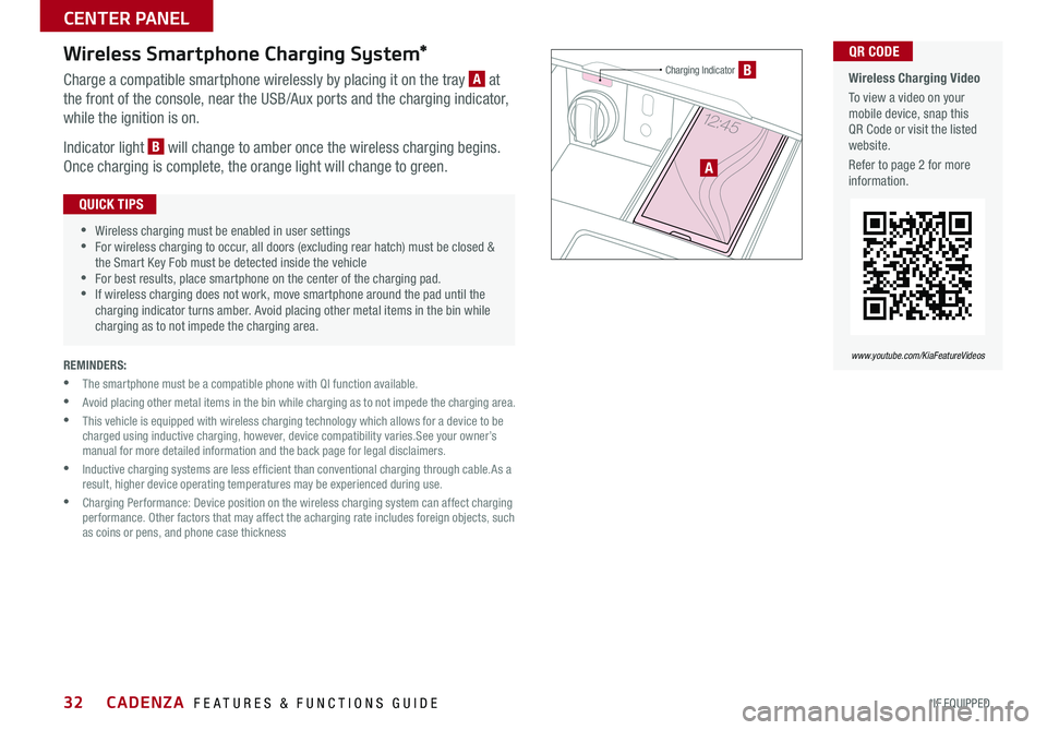 KIA CADENZA 2019 Features and Functions Guide CADENZA FEATURES & FUNCTIONS GUIDE32*IF EQUIPPED
Wireless Smartphone Charging System*
Charge a compatible smartphone wirelessly by placing it on the tray A at
the front of the console, near the U KIA CADENZA 2019 Features and Functions Guide CADENZA FEATURES & FUNCTIONS GUIDE32*IF EQUIPPED
Wireless Smartphone Charging System*
Charge a compatible smartphone wirelessly by placing it on the tray A at
the front of the console, near the U