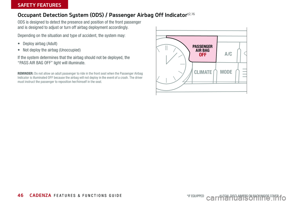 KIA CADENZA 2019 Features and Functions Guide CADENZA FEATURES & FUNCTIONS GUIDE46*IF EQUIPPED †LEGAL DISCL AIMERS ON BACK INSIDE COVER
CLIM AT EMODEA/CSYNCAUTO
FRONT
REAR
OFF
PASSENGER
AIR BAG
OFF
Occupant Detection System KIA CADENZA 2019 Features and Functions Guide CADENZA FEATURES & FUNCTIONS GUIDE46*IF EQUIPPED †LEGAL DISCL AIMERS ON BACK INSIDE COVER
CLIM AT EMODEA/CSYNCAUTO
FRONT
REAR
OFF
PASSENGER
AIR BAG
OFF
Occupant Detection System