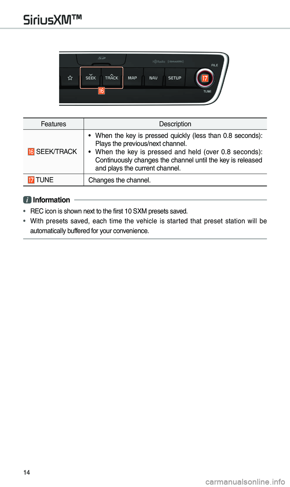 KIA CADENZA 2019 Navigation System Quick Reference Guide 14
FeaturesDescription
SEEK/\fRACK
• When the key is pressed quickly (less than 0.8 seconds):
Plays the previous/next channel.
• When the key is pressed and held (over 0.8 seco KIA CADENZA 2019 Navigation System Quick Reference Guide 14
FeaturesDescription
SEEK/\fRACK
• When the key is pressed quickly (less than 0.8 seconds):
Plays the previous/next channel.
• When the key is pressed and held (over 0.8 seco