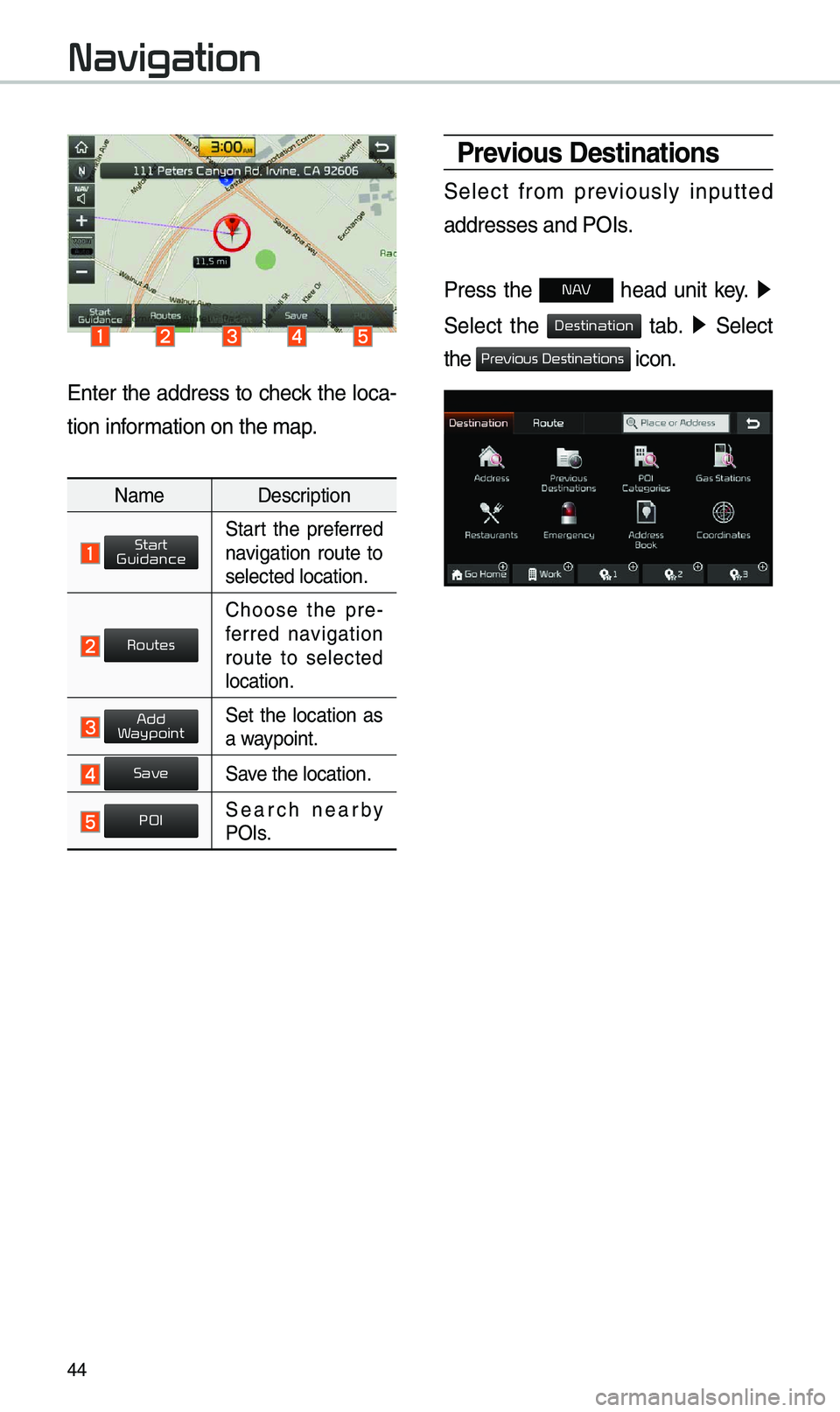 KIA CADENZA 2019 Navigation System Quick Reference Guide 44
Enter the address to check the loca-
tion infor\bation on the \bap.
Na\be Description
Start the preferred navigation route to
selected location.
Choose the pre-
ferred navigation
route KIA CADENZA 2019 Navigation System Quick Reference Guide 44
Enter the address to check the loca-
tion infor\bation on the \bap.
Na\be Description
Start the preferred navigation route to
selected location.
Choose the pre-
ferred navigation
route