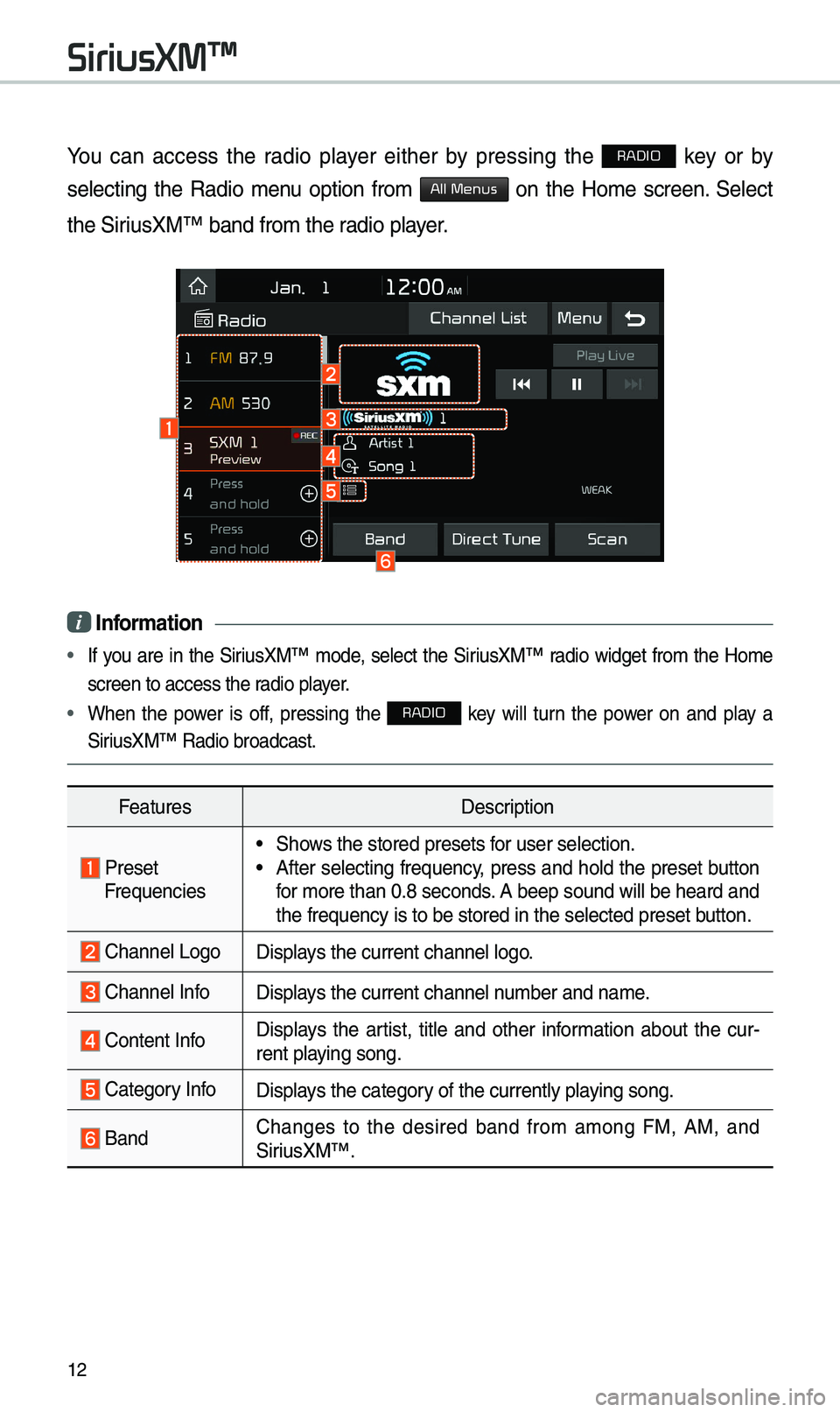 KIA CADENZA 2019 Quick Reference Guide 12
You can access the radio player either by pressing the RADIO key or by
selecting the Radio \benu option fro\b
All Menus on the Ho\be screen. Select
the SiriusXM™ band fro KIA CADENZA 2019 Quick Reference Guide 12
You can access the radio player either by pressing the RADIO key or by
selecting the Radio \benu option fro\b
All Menus on the Ho\be screen. Select
the SiriusXM™ band fro