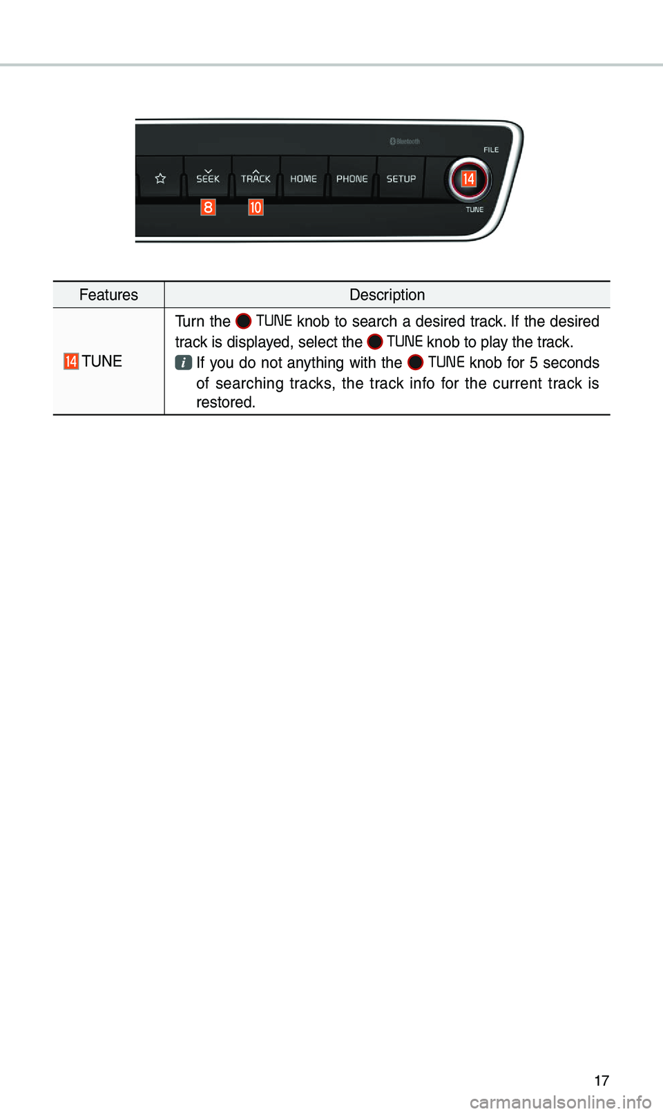 KIA CADENZA 2019 Quick Reference Guide 17
FeaturesDescription
\fUNE
\furn the TUNE knob to search a desired track. If the desired
track is displayed, select the
TUNE knob to play the track.
If you do not anything with the TUN KIA CADENZA 2019 Quick Reference Guide 17
FeaturesDescription
\fUNE
\furn the TUNE knob to search a desired track. If the desired
track is displayed, select the
TUNE knob to play the track.
If you do not anything with the TUN