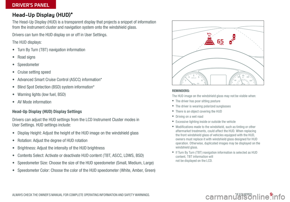 KIA CADENZA 2018 Features and Functions Guide 9ALWAYS CHECK THE OWNER’S MANUAL FOR COMPLETE OPER ATING INFORMATION AND SAFET Y WARNINGS *IF EQUIPPED
Head-Up Display (HUD)*
The Head-Up Display (HUD) is a transparent display that projects a sn KIA CADENZA 2018 Features and Functions Guide 9ALWAYS CHECK THE OWNER’S MANUAL FOR COMPLETE OPER ATING INFORMATION AND SAFET Y WARNINGS *IF EQUIPPED
Head-Up Display (HUD)*
The Head-Up Display (HUD) is a transparent display that projects a sn