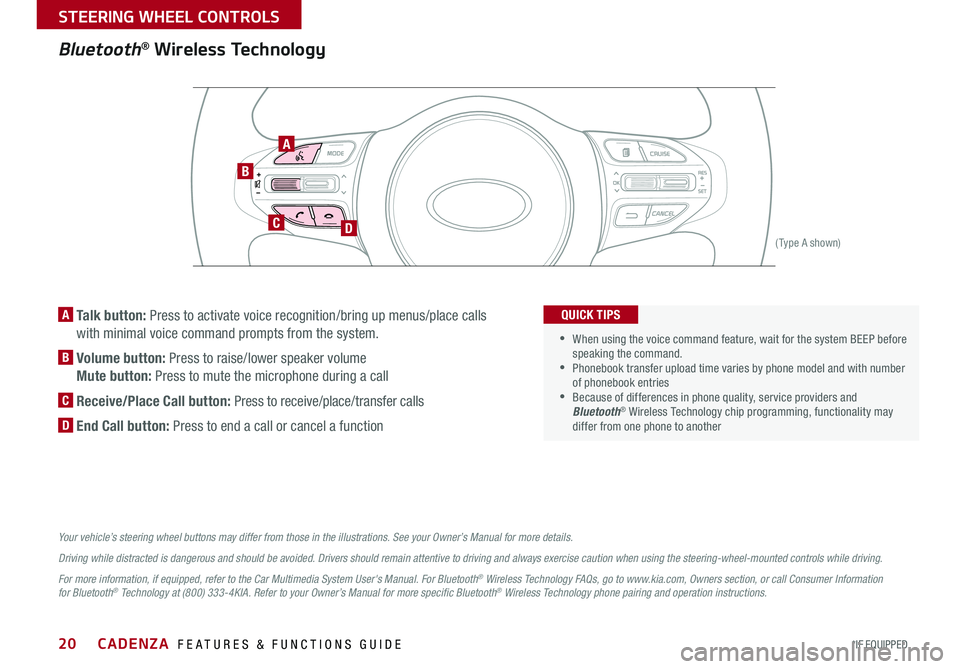 KIA CADENZA 2018 Features and Functions Guide 20
Bluetooth® Wireless Technology
B
CD
A
(Type A shown)
A Talk button: Press to activate voice recognition/bring up menus/place calls
with minimal voice command prompts from the system
B Volume b KIA CADENZA 2018 Features and Functions Guide 20
Bluetooth® Wireless Technology
B
CD
A
(Type A shown)
A Talk button: Press to activate voice recognition/bring up menus/place calls
with minimal voice command prompts from the system
B Volume b