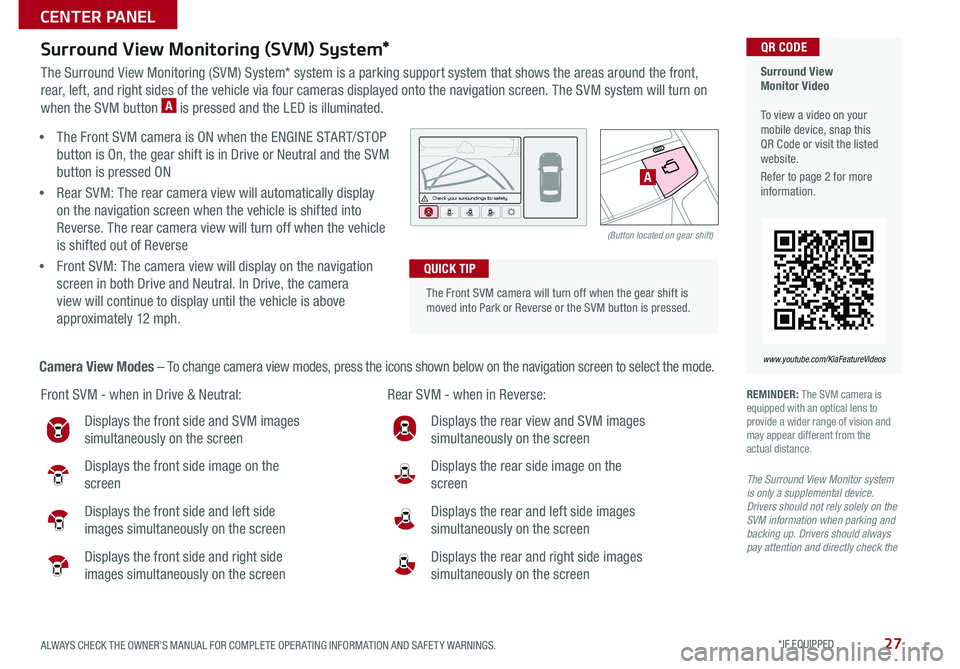 KIA CADENZA 2018 Features and Functions Guide 27ALWAYS CHECK THE OWNER’S MANUAL FOR COMPLETE OPER ATING INFORMATION AND SAFET Y WARNINGS *IF EQUIPPED
Front SVM - when in Drive & Neutral: Rear SVM - when in Reverse:
Displays the front side and KIA CADENZA 2018 Features and Functions Guide 27ALWAYS CHECK THE OWNER’S MANUAL FOR COMPLETE OPER ATING INFORMATION AND SAFET Y WARNINGS *IF EQUIPPED
Front SVM - when in Drive & Neutral: Rear SVM - when in Reverse:
Displays the front side and