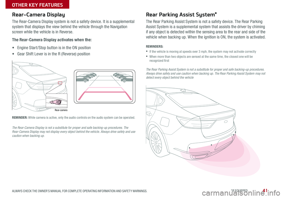 KIA CADENZA 2018 Features and Functions Guide 41
Rear-camera
The Rear Parking Assist System is not a substitute for proper and safe backing-up procedures. Always drive safely and use caution when backing up. The Rear Parking Assist System may n KIA CADENZA 2018 Features and Functions Guide 41
Rear-camera
The Rear Parking Assist System is not a substitute for proper and safe backing-up procedures. Always drive safely and use caution when backing up. The Rear Parking Assist System may n