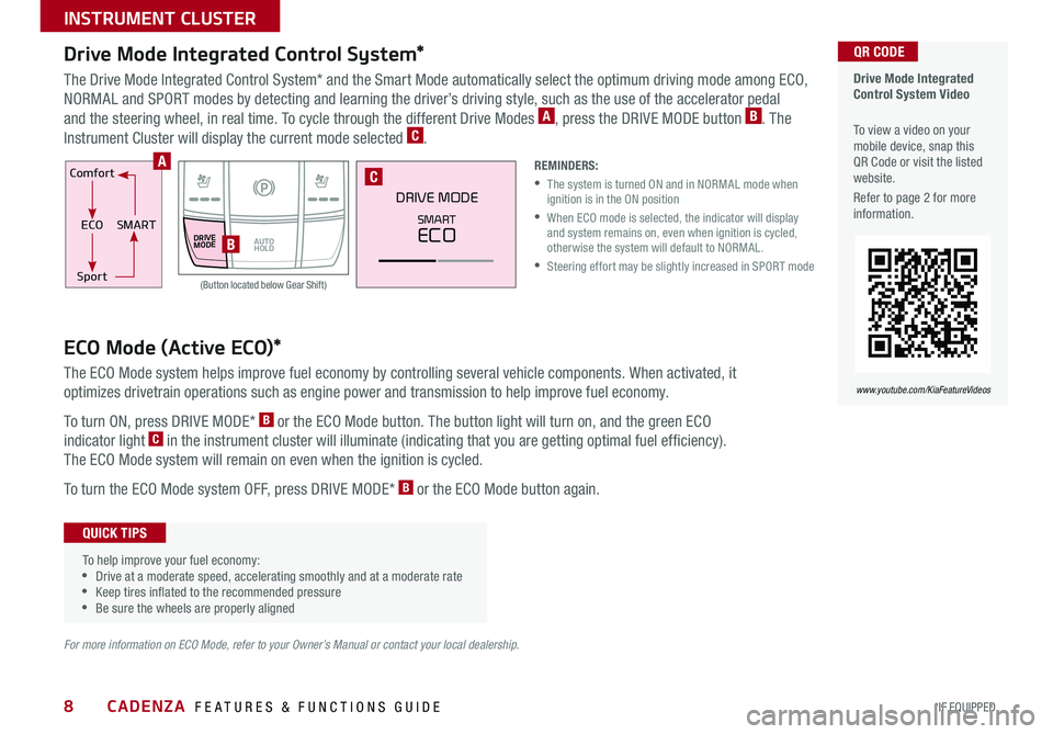 KIA CADENZA 2018  Features and Functions Guide CADENZA  FEATURES & FUNCTIONS GUIDE8*IF EQUIPPED 
Comfort
ECOSMART
Sport
DRIVEMODEAUTO HOLD
DRIVE MODE
SMART
ECO
Drive Mode Integrated Control System*
The Drive Mode Integrated Control System* and the