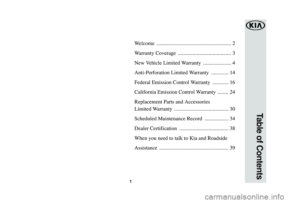 KIA CADENZA 2018  Warranty and Consumer Information Guide 1
Welcome ........................................................ 2
W arranty Coverage  ........................................ 3
New Vehicle Limited Warranty  ..................... 4
Anti-Perforati