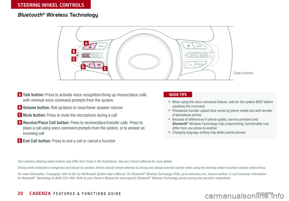 KIA CADENZA 2017  Features and Functions Guide 20
Bluetooth® Wireless Technology
C
B
DE
A
(Type A shown)
A  Talk button: Press to activate voice recognition/bring up menus/place calls 
with minimal voice command prompts from the system 
B Volume 