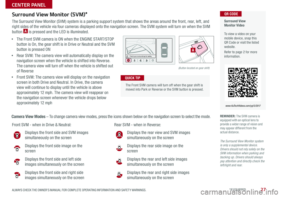 KIA CADENZA 2017 Features and Functions Guide 27ALWAYS CHECK THE OWNER’S MANUAL FOR COMPLETE OPER ATING INFORMATION AND SAFET Y WARNINGS *IF EQUIPPED
Surround View Monitor (SVM)*
The Surround View Monitor (SVM) system is a parking support sys KIA CADENZA 2017 Features and Functions Guide 27ALWAYS CHECK THE OWNER’S MANUAL FOR COMPLETE OPER ATING INFORMATION AND SAFET Y WARNINGS *IF EQUIPPED
Surround View Monitor (SVM)*
The Surround View Monitor (SVM) system is a parking support sys