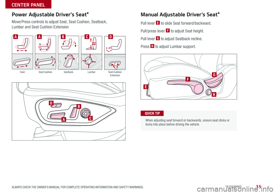 KIA CADENZA 2017 Features and Functions Guide 35
Power Adjustable Driver’s Seat*
Move/Press controls to adjust Seat, Seat Cushion, Seatback,
Lumbar and Seat Cushion Extension
A
B
C
D
AABCD
SeatbackLumbarSeat Cushion ExtensionSeatSeat Cushion
P KIA CADENZA 2017 Features and Functions Guide 35
Power Adjustable Driver’s Seat*
Move/Press controls to adjust Seat, Seat Cushion, Seatback,
Lumbar and Seat Cushion Extension
A
B
C
D
AABCD
SeatbackLumbarSeat Cushion ExtensionSeatSeat Cushion
P