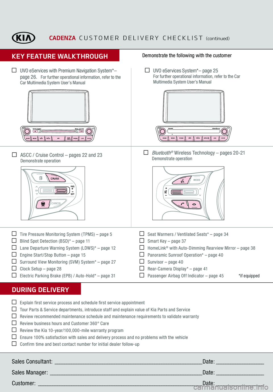 KIA CADENZA 2017  Features and Functions Guide CADENZA
  CUSTOMER DELIVERY CHECKLIST
 (continued)
KEY FEATURE WALKTHROUGHDURING DELIVERY    Tire Pressure Monitoring System ( TPMS) – page 5   Blind Spot Detection (BSD)* – page 11   Lane Departu