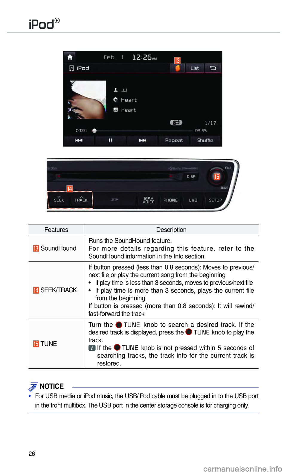 KIA CADENZA 2017  Navigation System Quick Reference Guide 26
FeaturesDescription
 SoundHoundRuns the SoundHound feature.
For more details regarding this feature, refer to the 
SoundHound information in the Info section.
 SEEK/TRACKIf button pressed (less tha