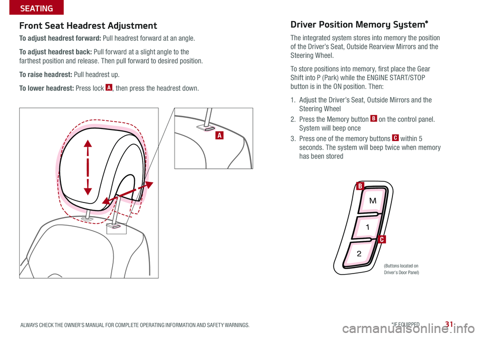 KIA CADENZA 2016  Features and Functions Guide 31
To raise headrest: Pull headrest up .
To lower headrest: Press lock A, then press the headrest down  .
Front Seat Headrest Adjustment
To adjust headrest forward: Pull headrest forward at an angle  