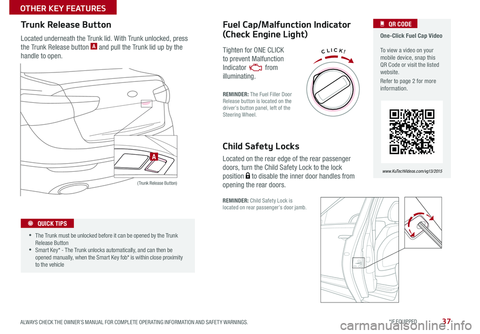 KIA CADENZA 2016  Features and Functions Guide 37
Located underneath the Trunk lid . With Trunk unlocked, press 
the Trunk Release button A and pull the Trunk lid up by the 
handle to open .
Trunk Release Button
( Trunk Release Button)
CLICK!
Fuel