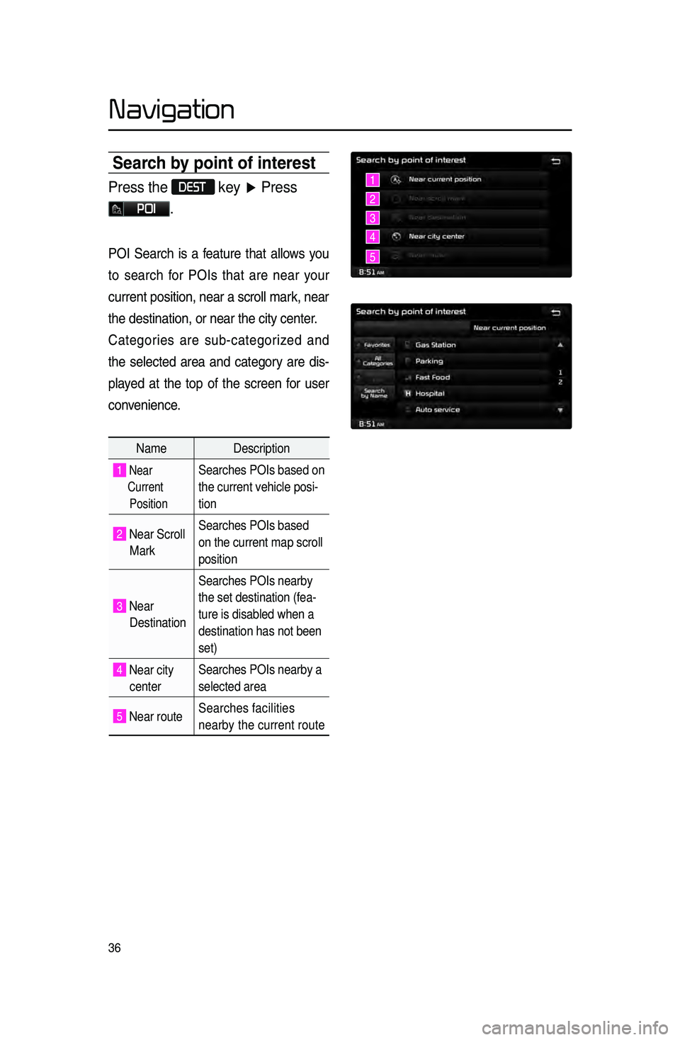 KIA CADENZA 2016 Navigation System Quick Reference Guide 36
Search by point of interest\c
Press the DEST key ▶ Press
POI.
POI.Search .is .a .f eature .that .allo ws .y ou .
t
o
.s
earch
.f
or
.P
OIs
.t
hat
.a
re
.n
ear
.y
our
.
current
. positio KIA CADENZA 2016 Navigation System Quick Reference Guide 36
Search by point of interest\c
Press the DEST key ▶ Press
POI.
POI.Search .is .a .f eature .that .allo ws .y ou .
t
o
.s
earch
.f
or
.P
OIs
.t
hat
.a
re
.n
ear
.y
our
.
current
. positio
