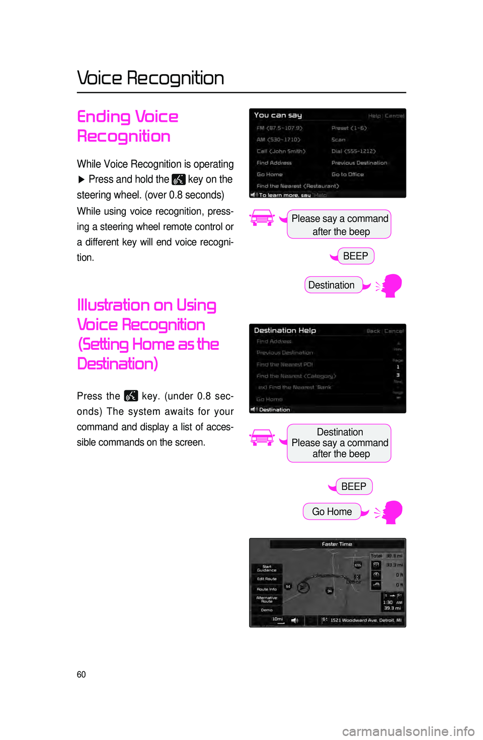 KIA CADENZA 2016 Navigation System Quick Reference Guide 60
Ending Voice
Recognition
While Voice Recognition is operating
▶ Press and hold the
key on the
steering wheel. (over 0.8 seconds)
While using voice recognition, press -
ing a steering whee KIA CADENZA 2016 Navigation System Quick Reference Guide 60
Ending Voice
Recognition
While Voice Recognition is operating
▶ Press and hold the
key on the
steering wheel. (over 0.8 seconds)
While using voice recognition, press -
ing a steering whee