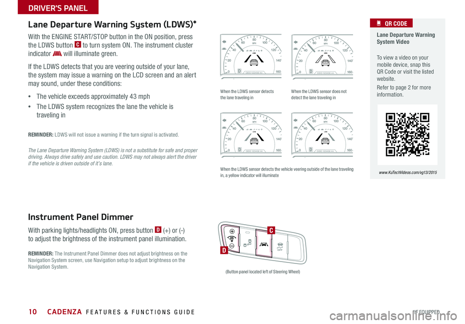KIA CADENZA 2015  Features and Functions Guide 10
  Lane Departure Warning System Video
 To view a video on your mobile device, snap this QR Code or visit the listed website .
Refer to page 2 for more information  .
   QR CODE
www. KuTechVideo s.c