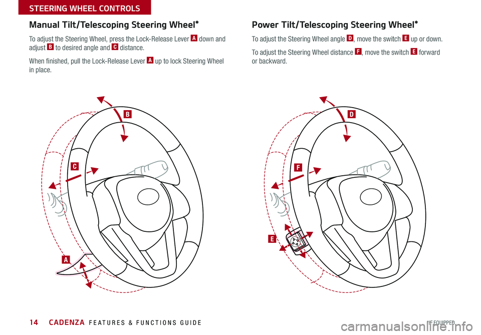KIA CADENZA 2015 Features and Functions Guide 14
Manual Tilt/Telescoping Steering Wheel*
To adjust the Steering Wheel, press the Lock-Release Lever A down and
adjust B to desired angle and C distance .
When finished, pull the Lock-Release Lever KIA CADENZA 2015 Features and Functions Guide 14
Manual Tilt/Telescoping Steering Wheel*
To adjust the Steering Wheel, press the Lock-Release Lever A down and
adjust B to desired angle and C distance .
When finished, pull the Lock-Release Lever
